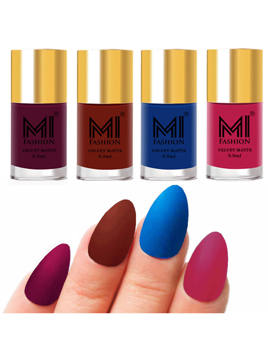 MI FASHION Set of Velvet Matte Nail Polish 9.9 ml Each -Magenta 14 - Cherry Red 17 - Navy Blue 18 - Pink 24