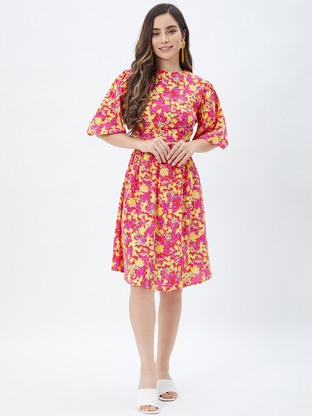 Kibo Floral Printed One Side Cut-Out Flared Dress