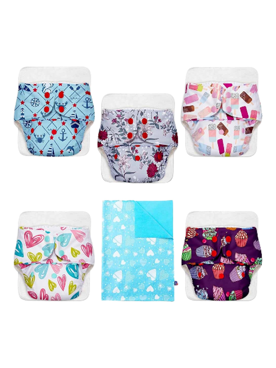 SuperBottoms Kids Assorted Set Of 11 Printed Diapers With Soaker Pads & Quick Dry Mat