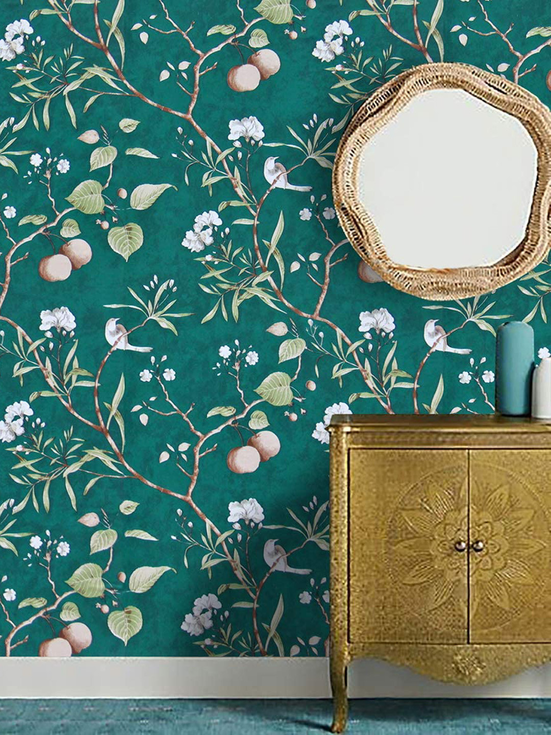 Jaamso Royals Green & Off-White Vintage Flower Self Adhesive Removable Wallpaper