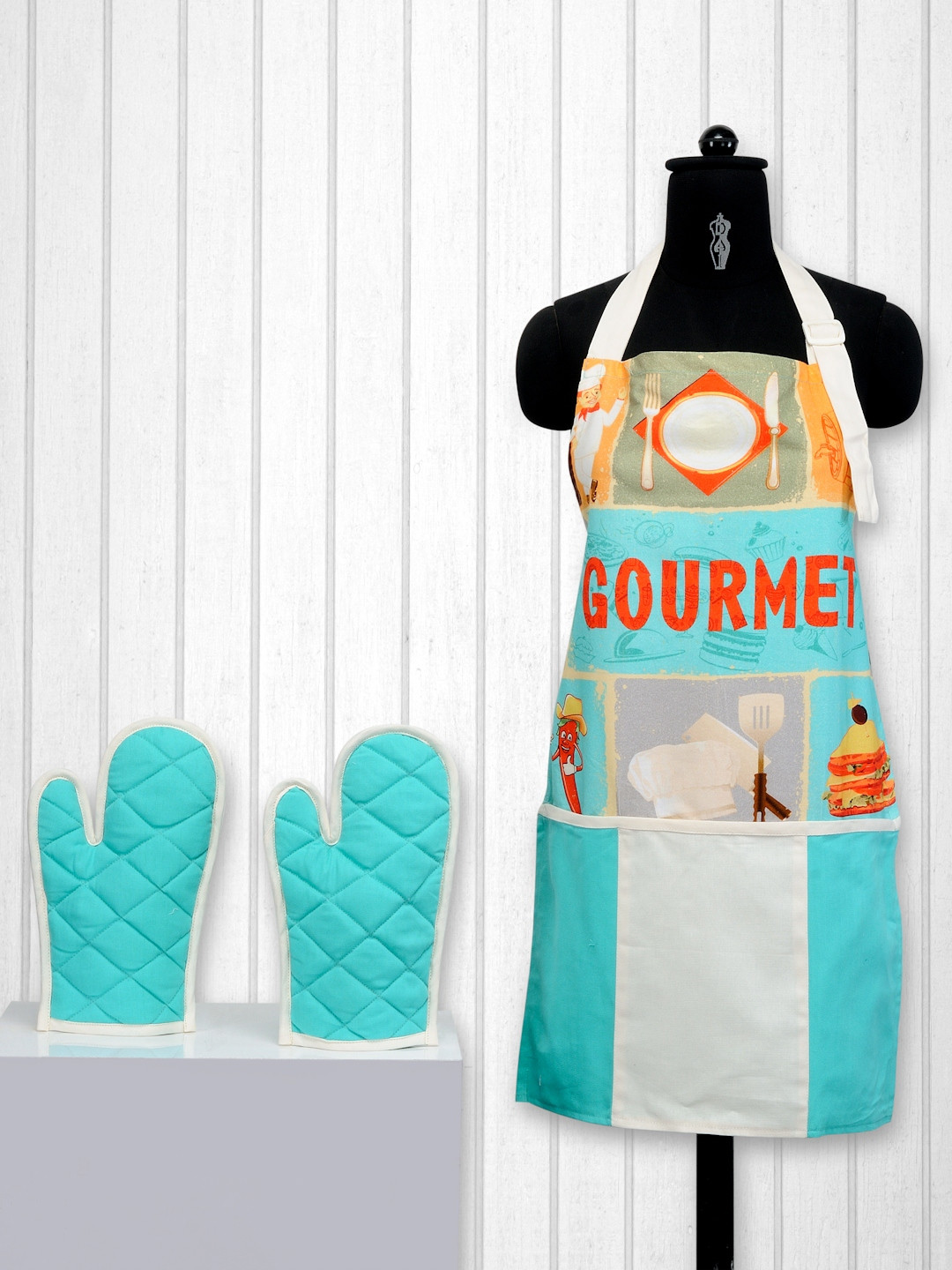 SWAYAM Unisex Blue & Cream-Coloured Cotton Kitchen Linen Set