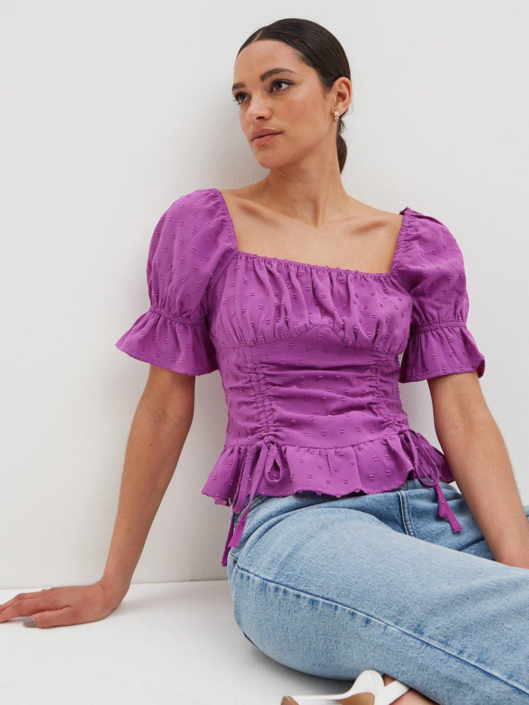 DOROTHY PERKINS Self-Design Dobby Weave Ruched Top