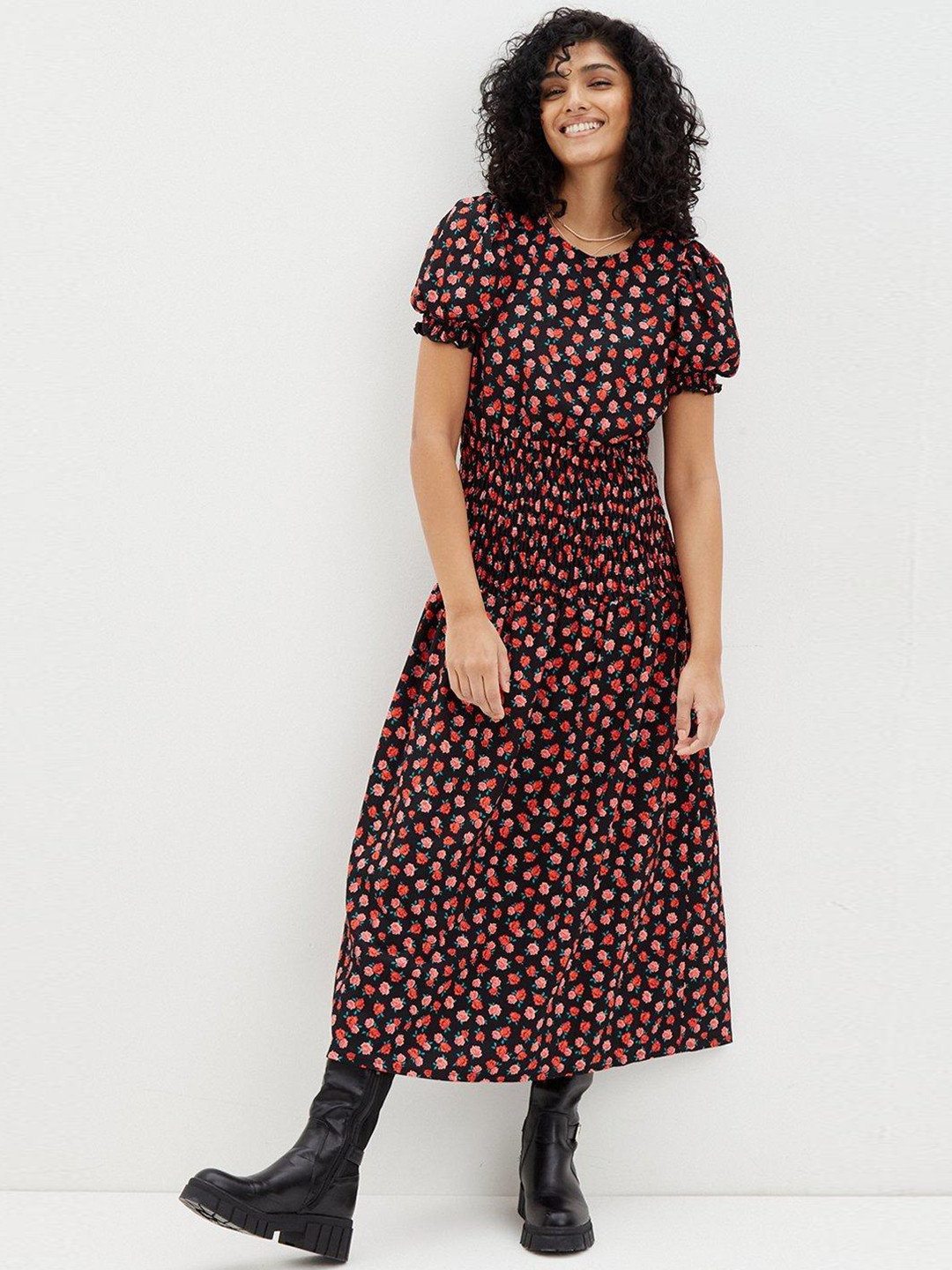 DOROTHY PERKINS Floral Printed Smocked A-Line Midi Dress