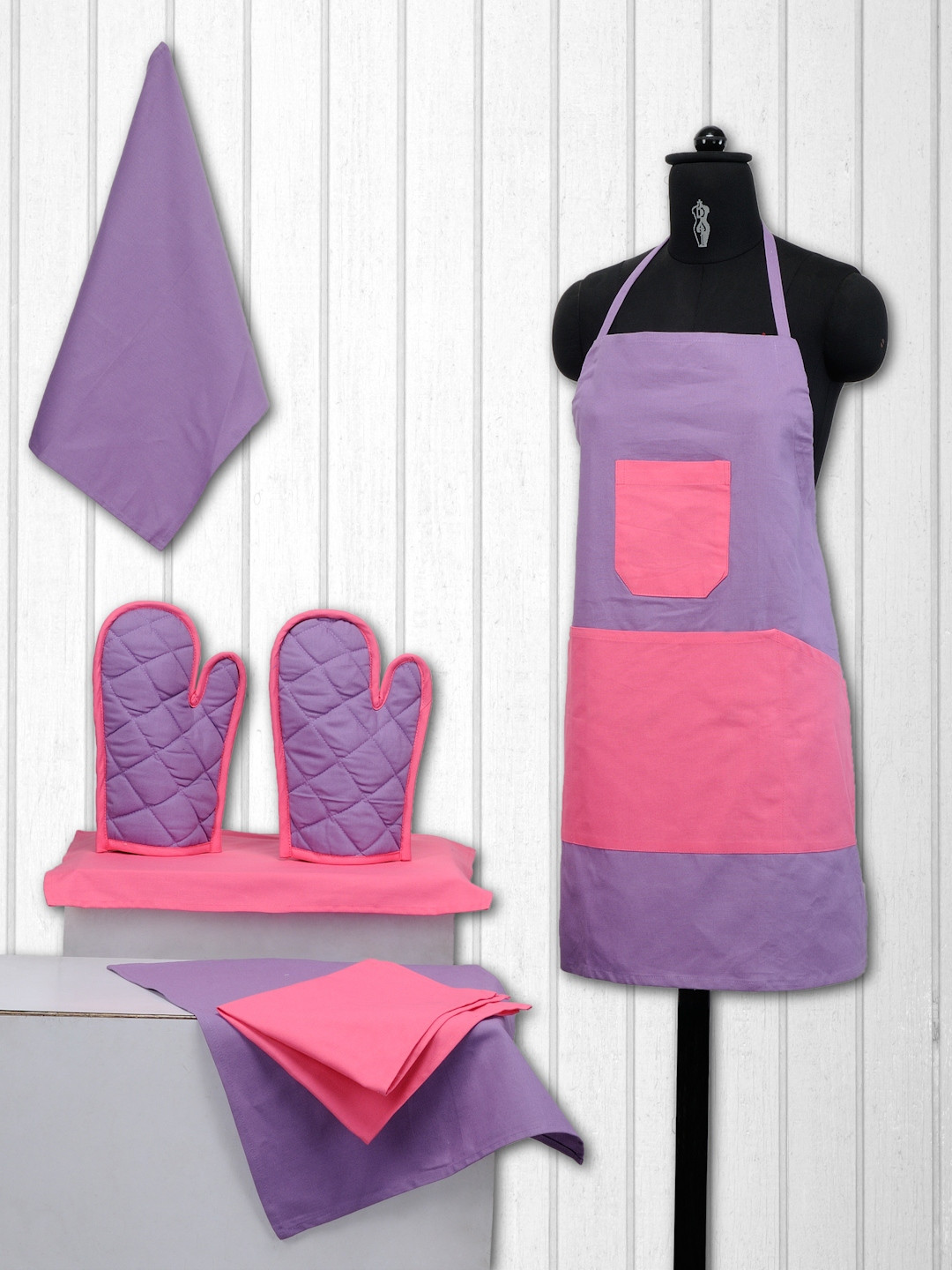 SWAYAM Unisex Purple & Pink Colourblocked Cotton Kitchen Linen Set