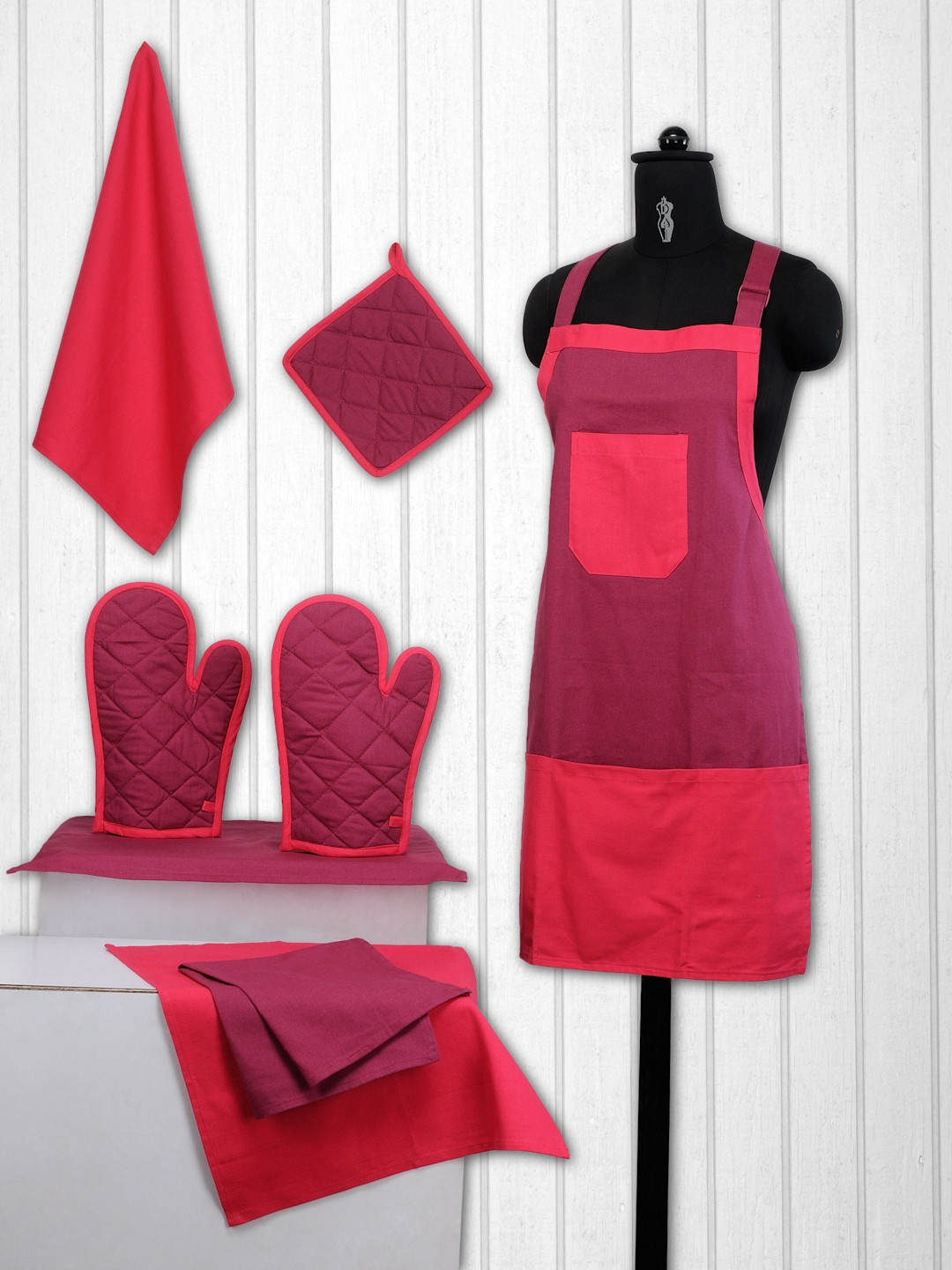 SWAYAM Unisex Pink & Magenta Colourblocked Cotton Kitchen Linen Set