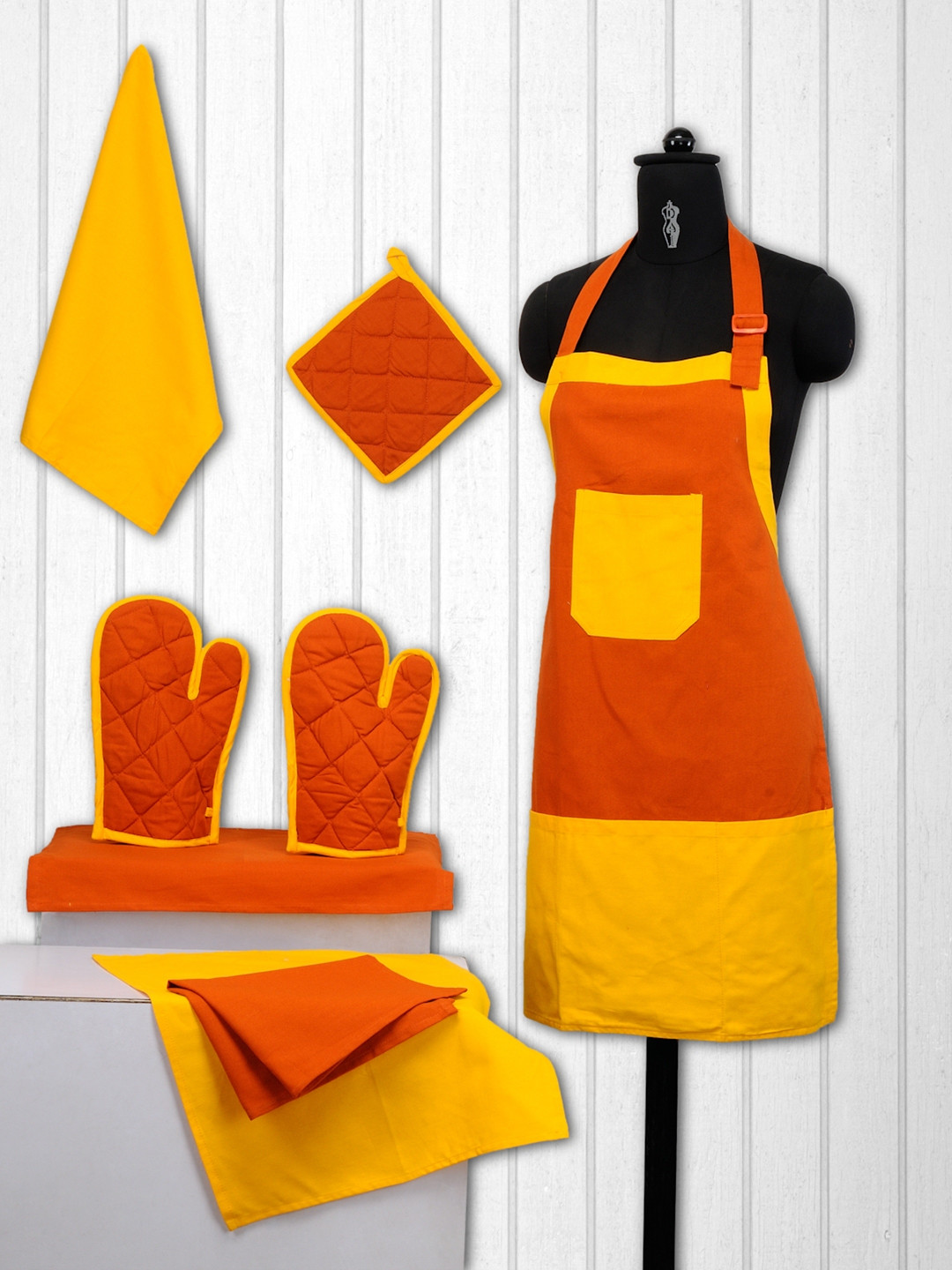 SWAYAM Unisex Orange & Yellow Colourblocked Cotton Kitchen Linen Set