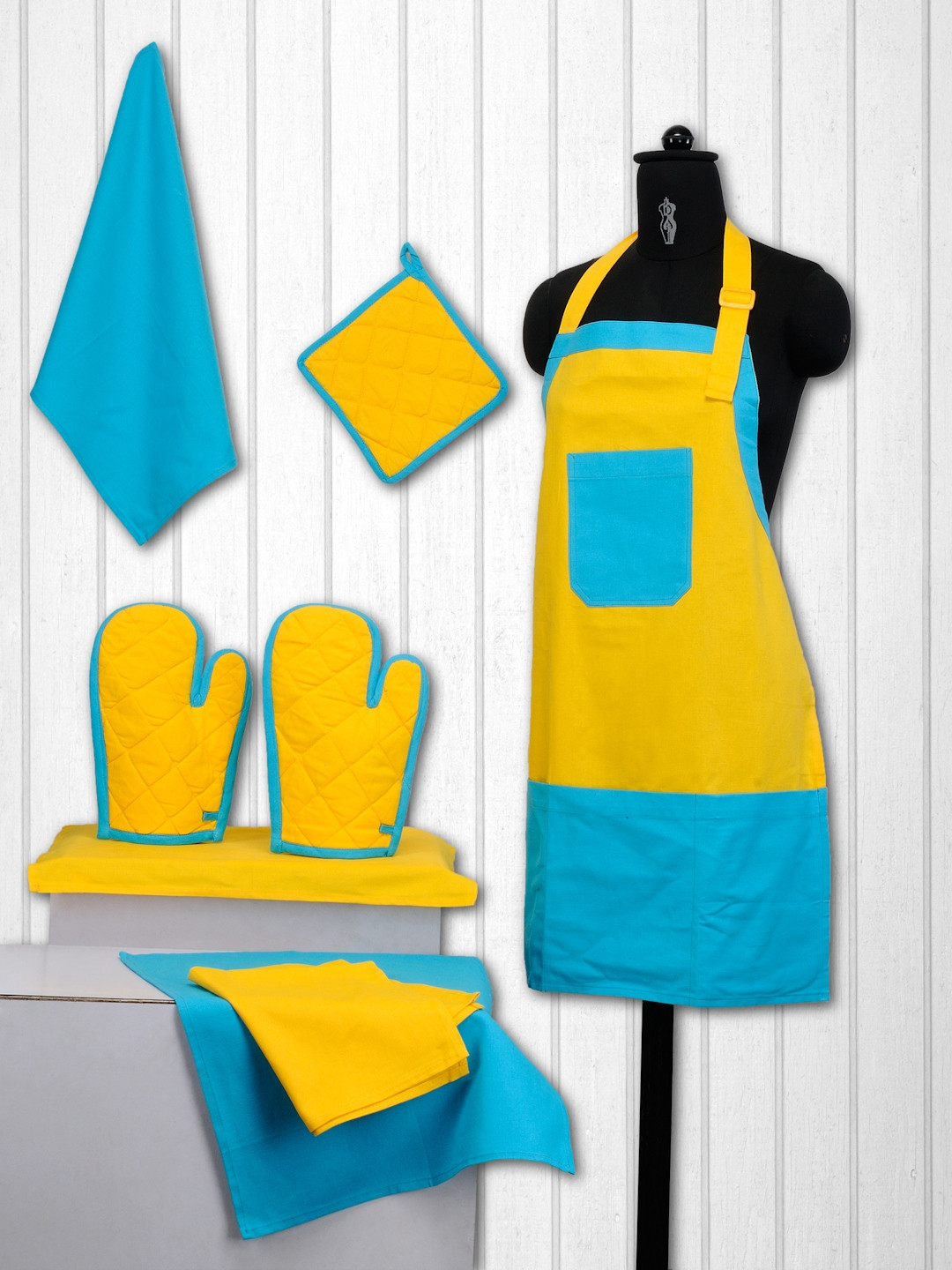 SWAYAM Unisex Set of 8 Blue & Yellow Cotton Printed Kitchen Linen Set