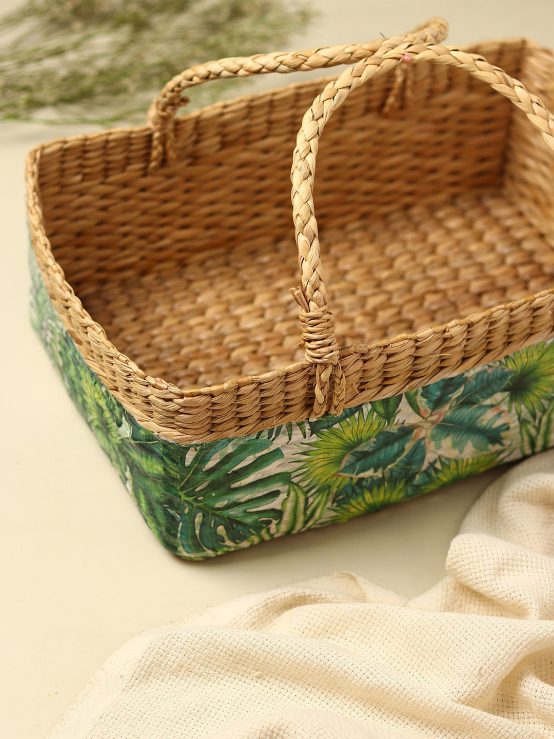 HABERE INDIA Green & Brown Decoupage Leaf Eco Friendly Storage Basket