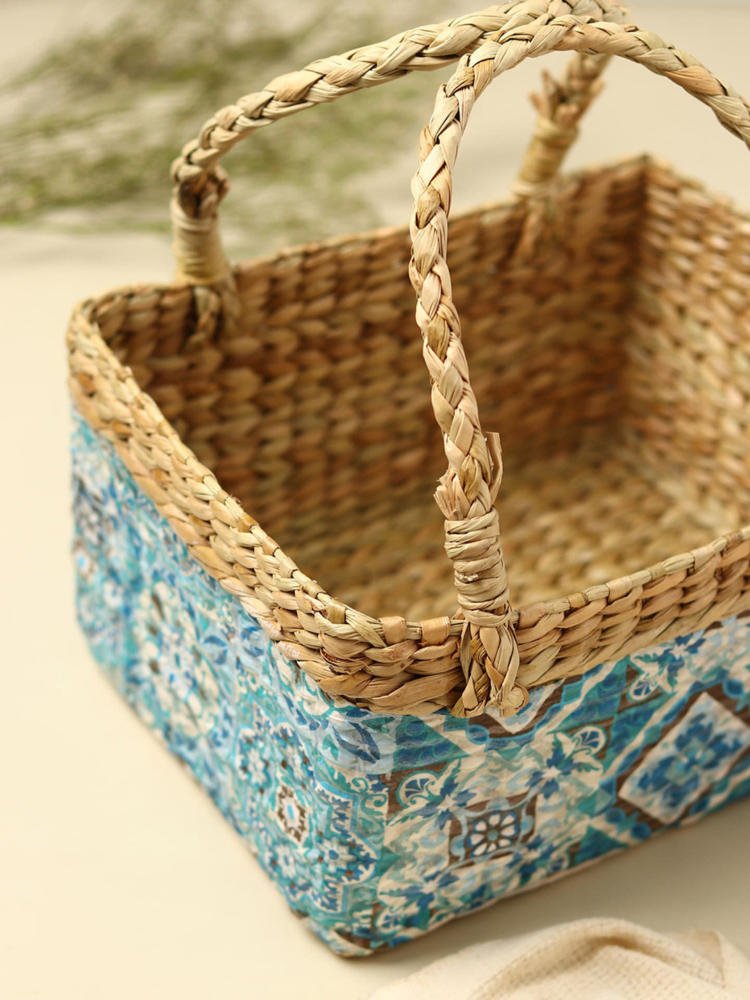 HABERE INDIA Blue & Brown Decoupage Eco Friendly Jute Storage Basket