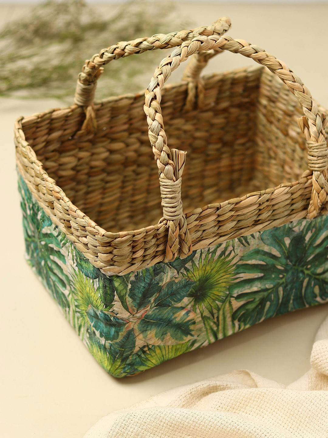 HABERE INDIA Green & Brown Decoupage Leaf Eco Friendly Storage Basket