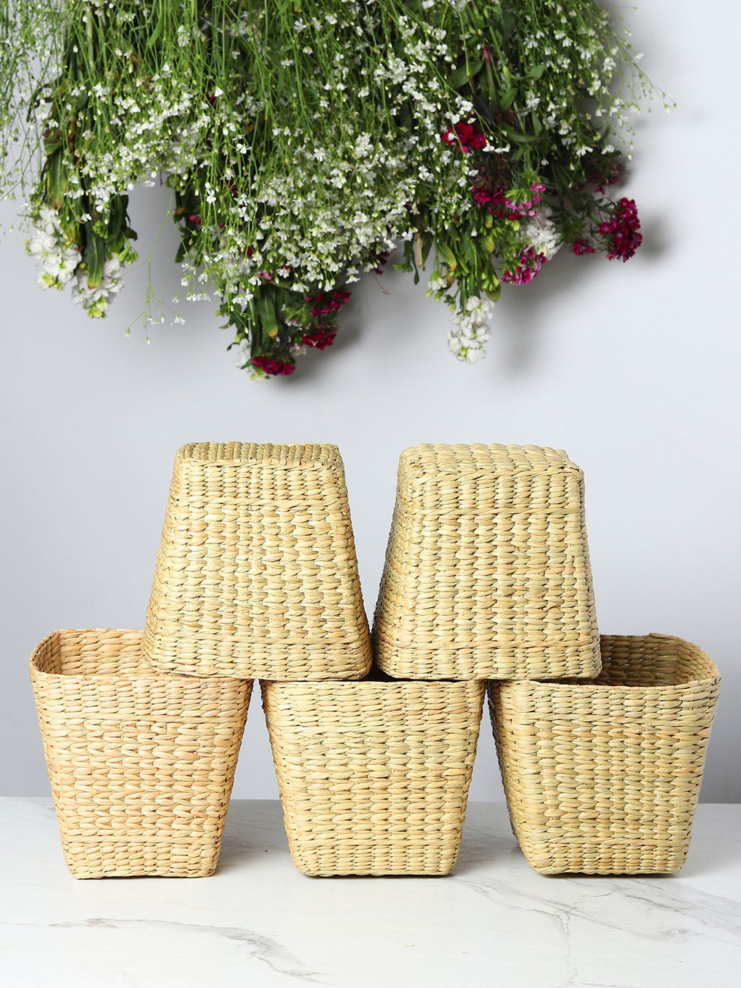 HABERE INDIA Beige Set Of 5 Kouna Jute Planters