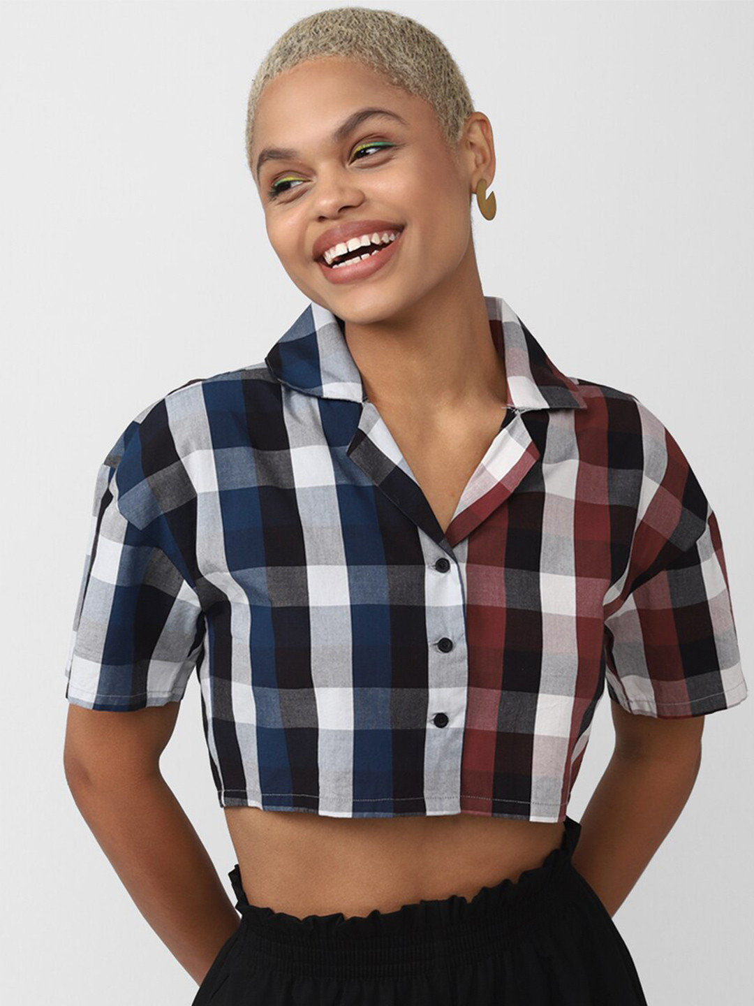 FOREVER 21 Women Buffalo Checked Pure Cotton Crop Casual Shirt