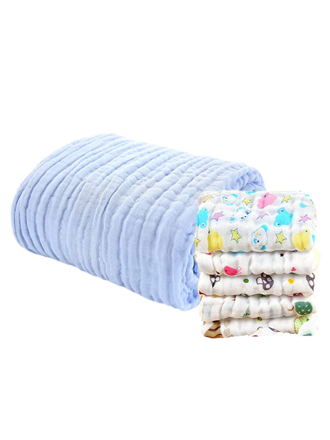 Moms Home Kids Blue Set of 6 500 GSM Organic Cotton Bath Towel With Printed Napkins