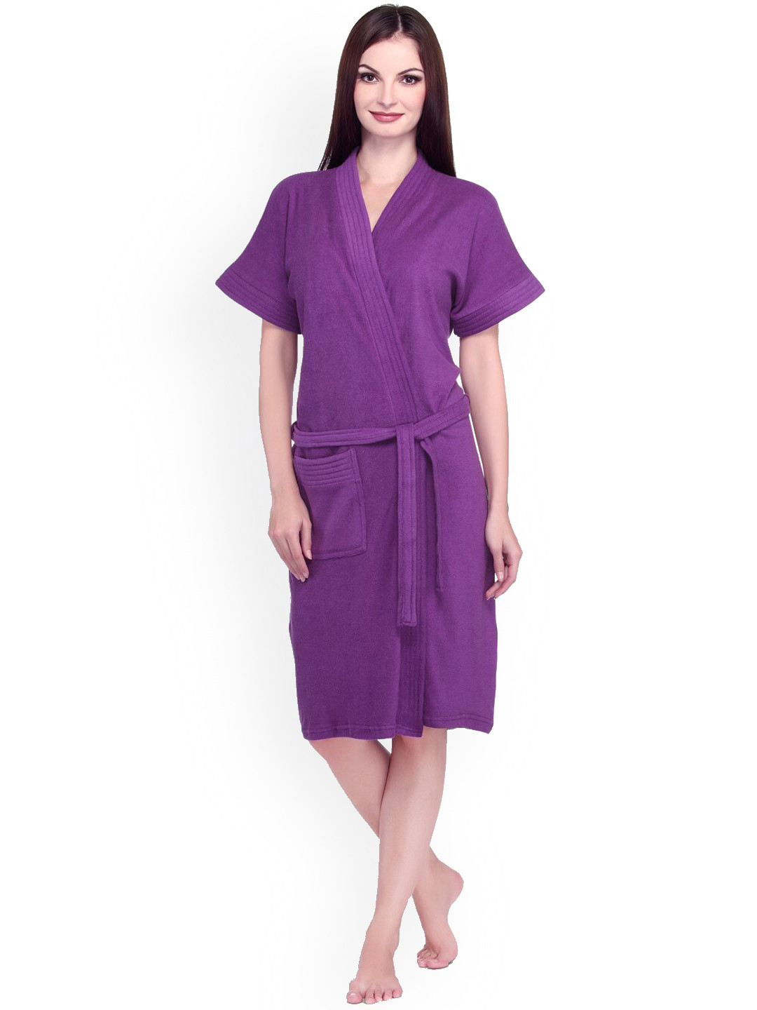 Sand Dune Purple Solid Cotton Drawstring Knee Length Bath Robe-2XL
