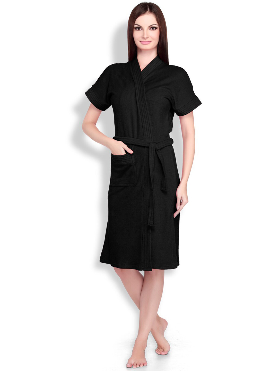 Sand Dune Black Solid Cotton Drawstring Knee Length Bath Robe-2XL