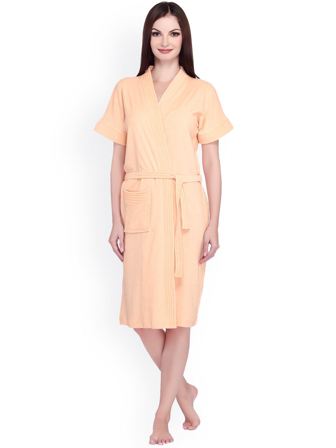 Sand Dune Peach Solid Cotton Drawstring Knee Length Bath Robe-3XL