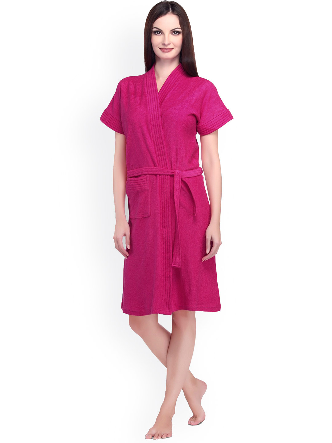 Sand Dune Magenta Solid Cotton Drawstring Knee Length Bath Robe-3XL