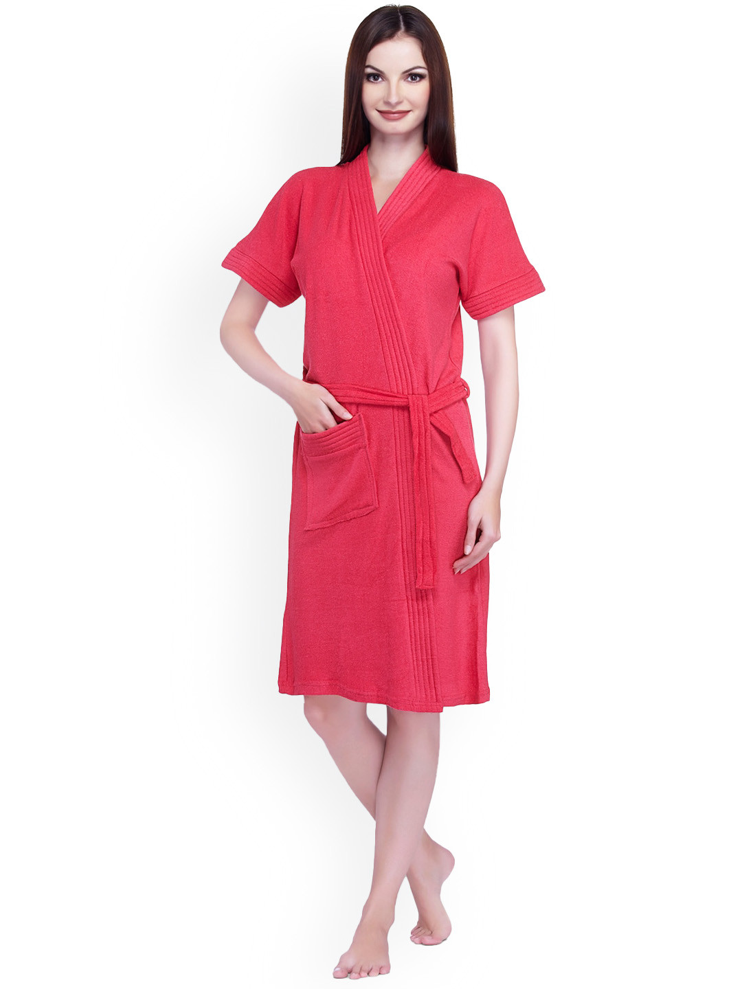 Sand Dune Orange Solid Cotton Drawstring Knee Length Bath Robe-3XL