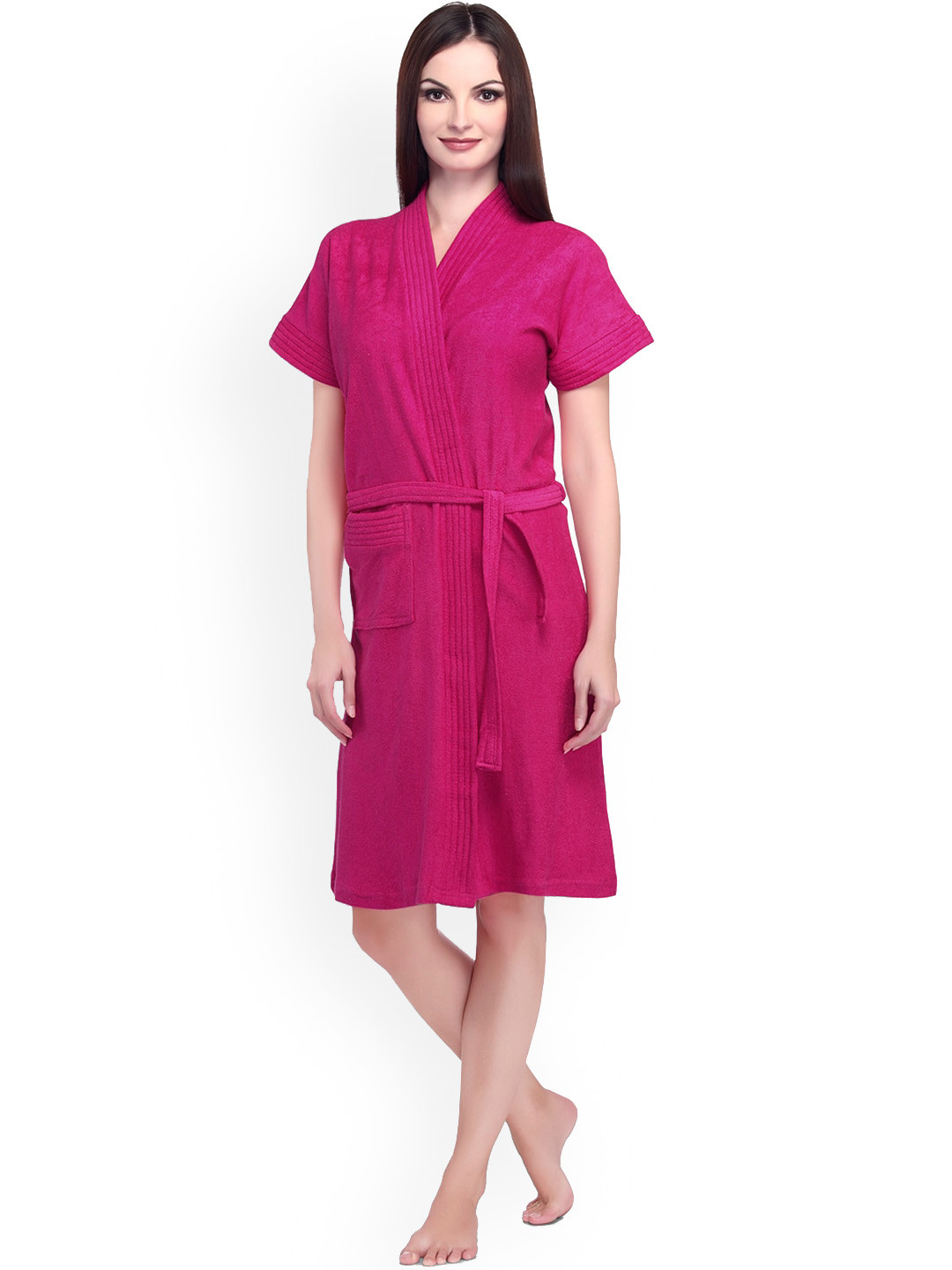 Sand Dune Magenta Solid Cotton Drawstring Knee Length Bath Robe-2XL
