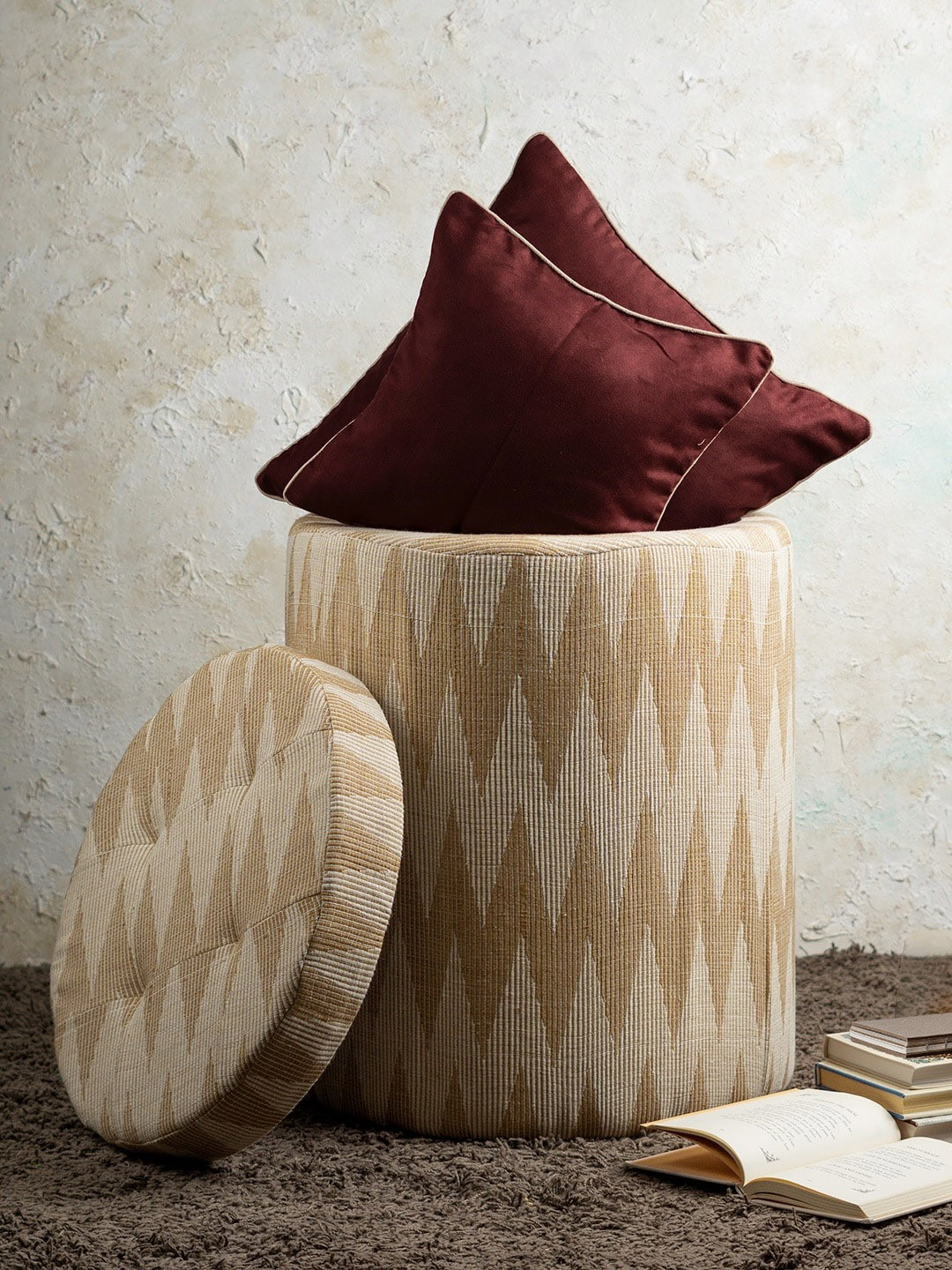 nestroots Yellow Printed Wooden Ottomans