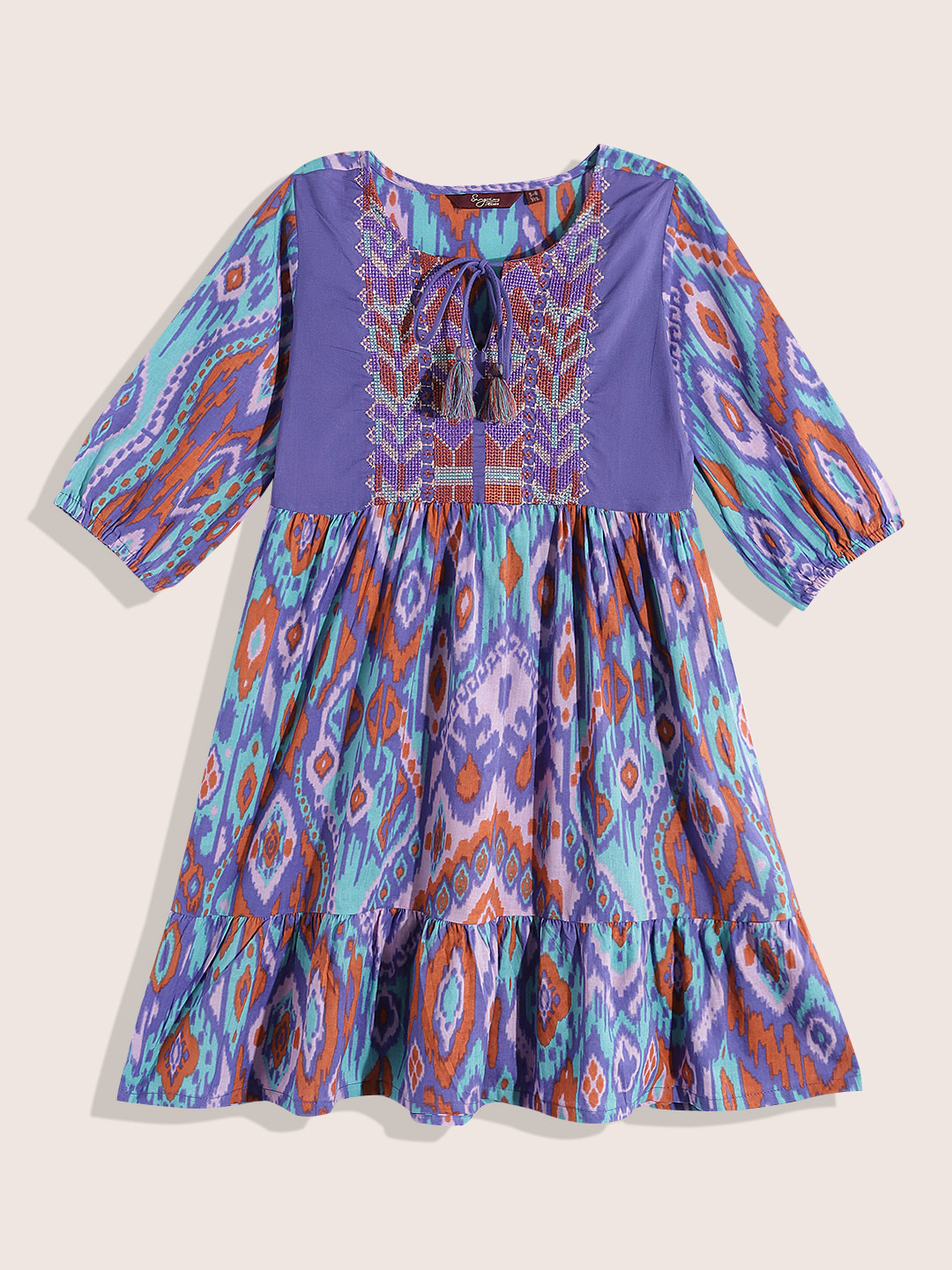 Sangria Girls Abstract Printed Embroidered Detail Tie-Up Neck Empire Dress