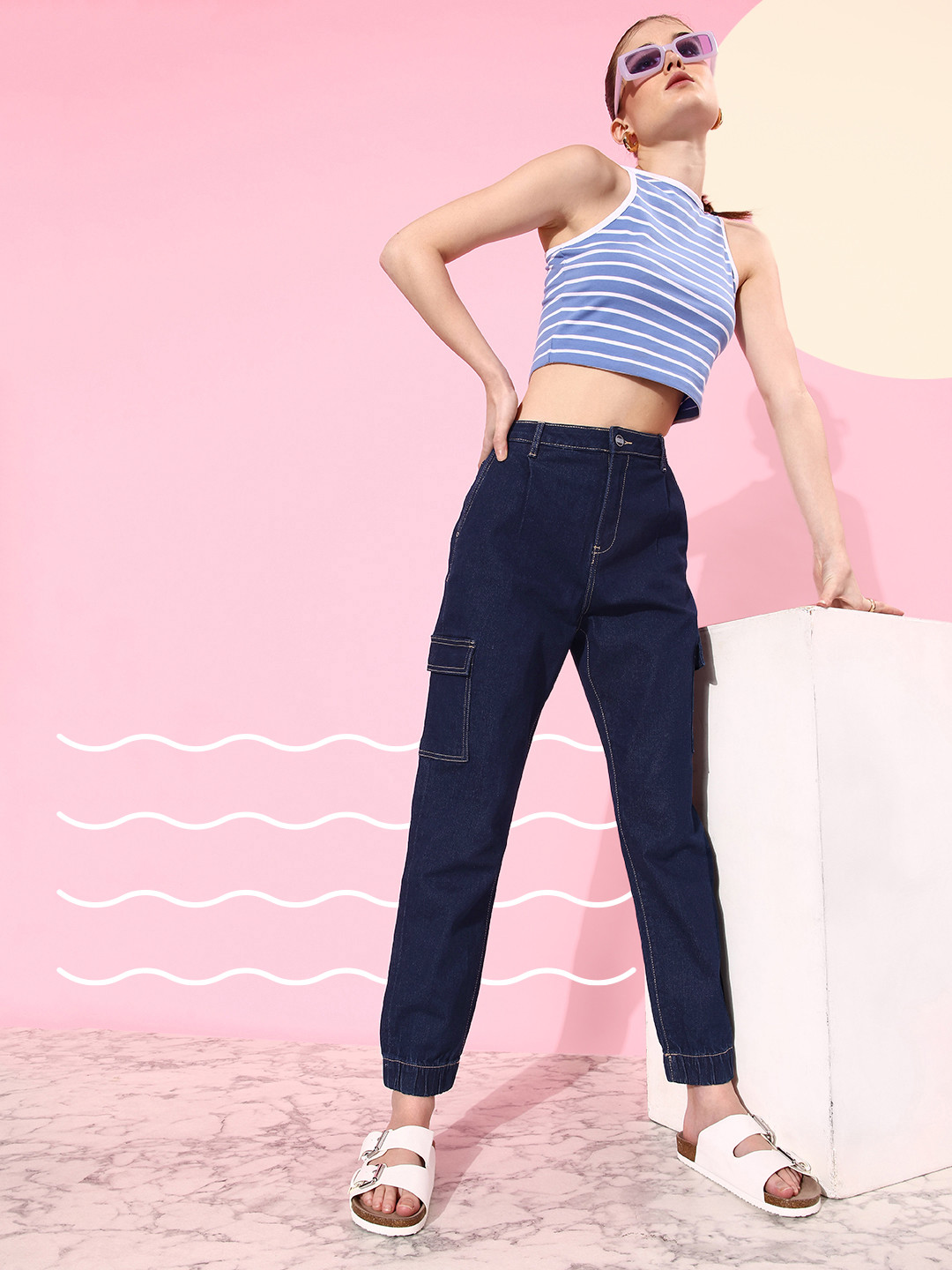 Mast & Harbour Women Navy Blue High-Rise Stretchable Hipster Cargoes Jogger Jeans