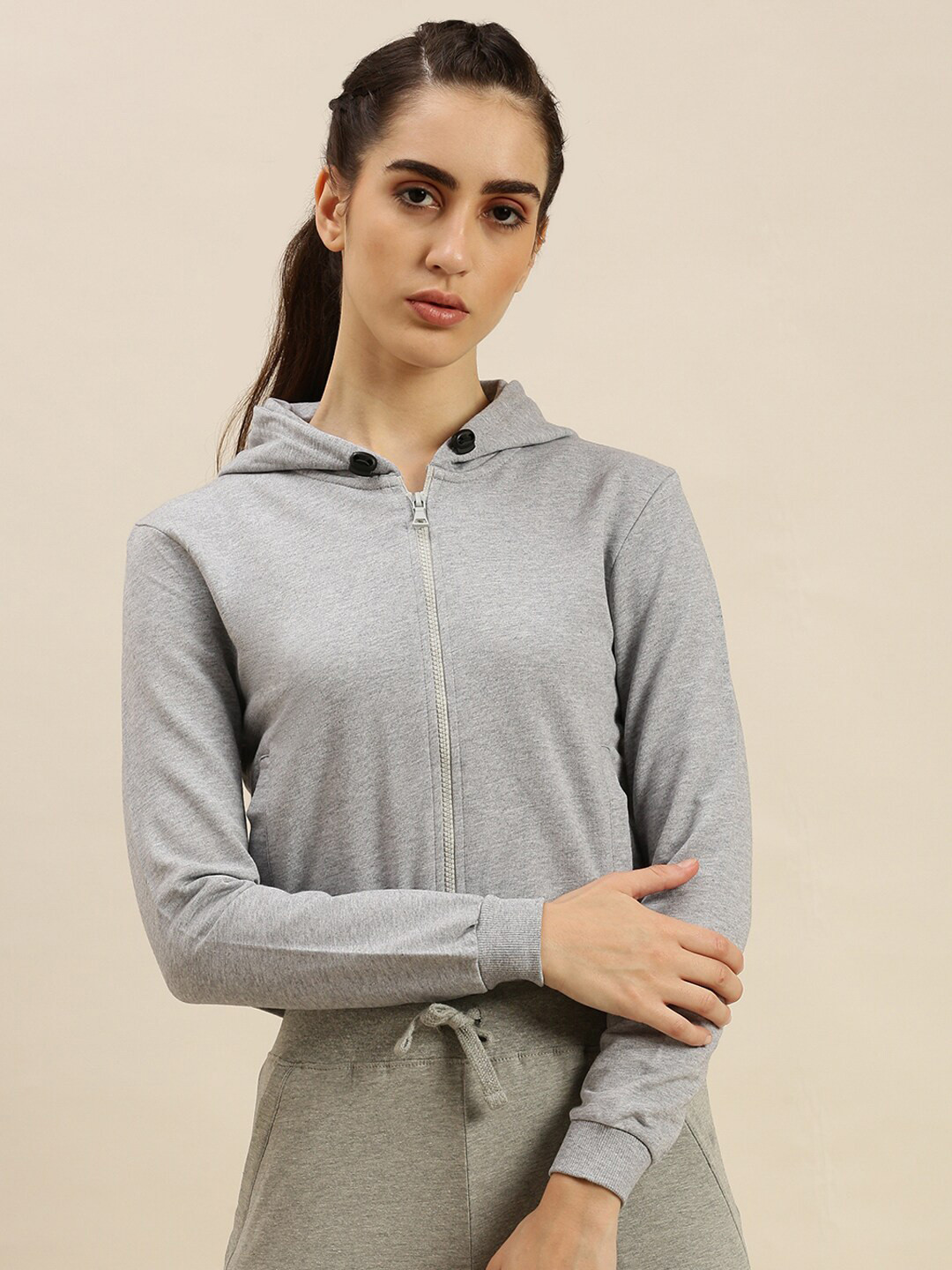 De Moza Women Grey Hooded Cotton Front- Open Sweatshirt