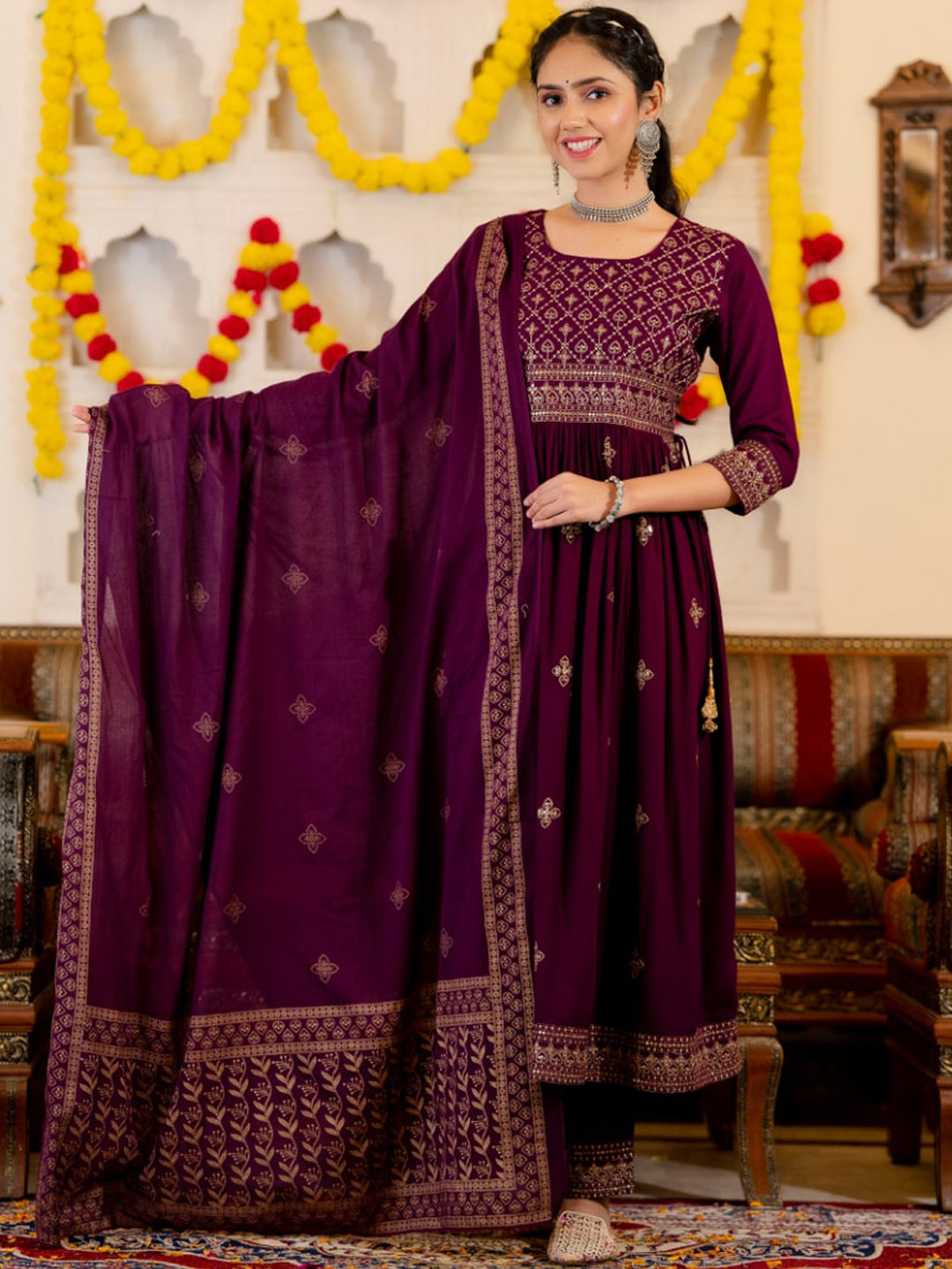 KALINI Ethnic Motifs Embroidered Empire Kurta with Trousers & Pure Cotton Dupatta