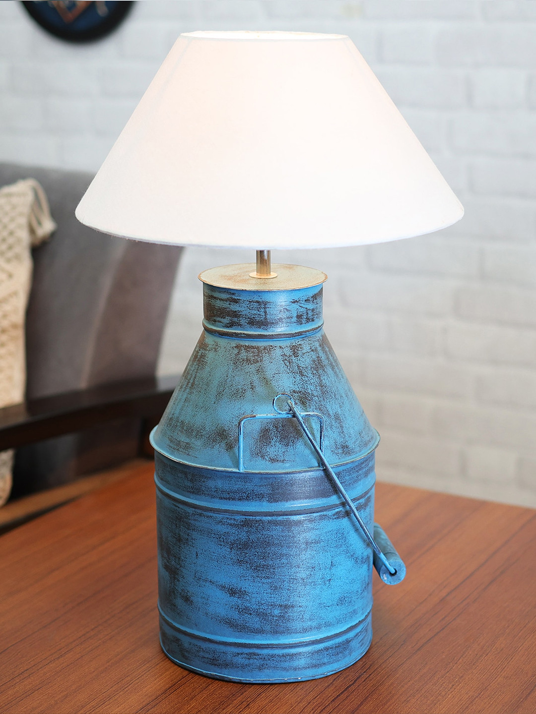 Homesake Turquoise Blue & White Rustic Milk Churn Can Table Lamp With Cone Shade