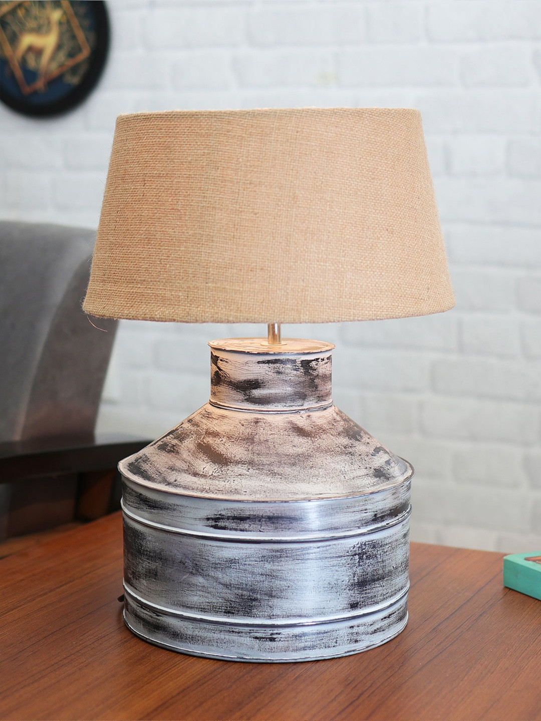 Homesake White & Beige Metal Table Lamp with Jute Shade & E-27 LED Bulb