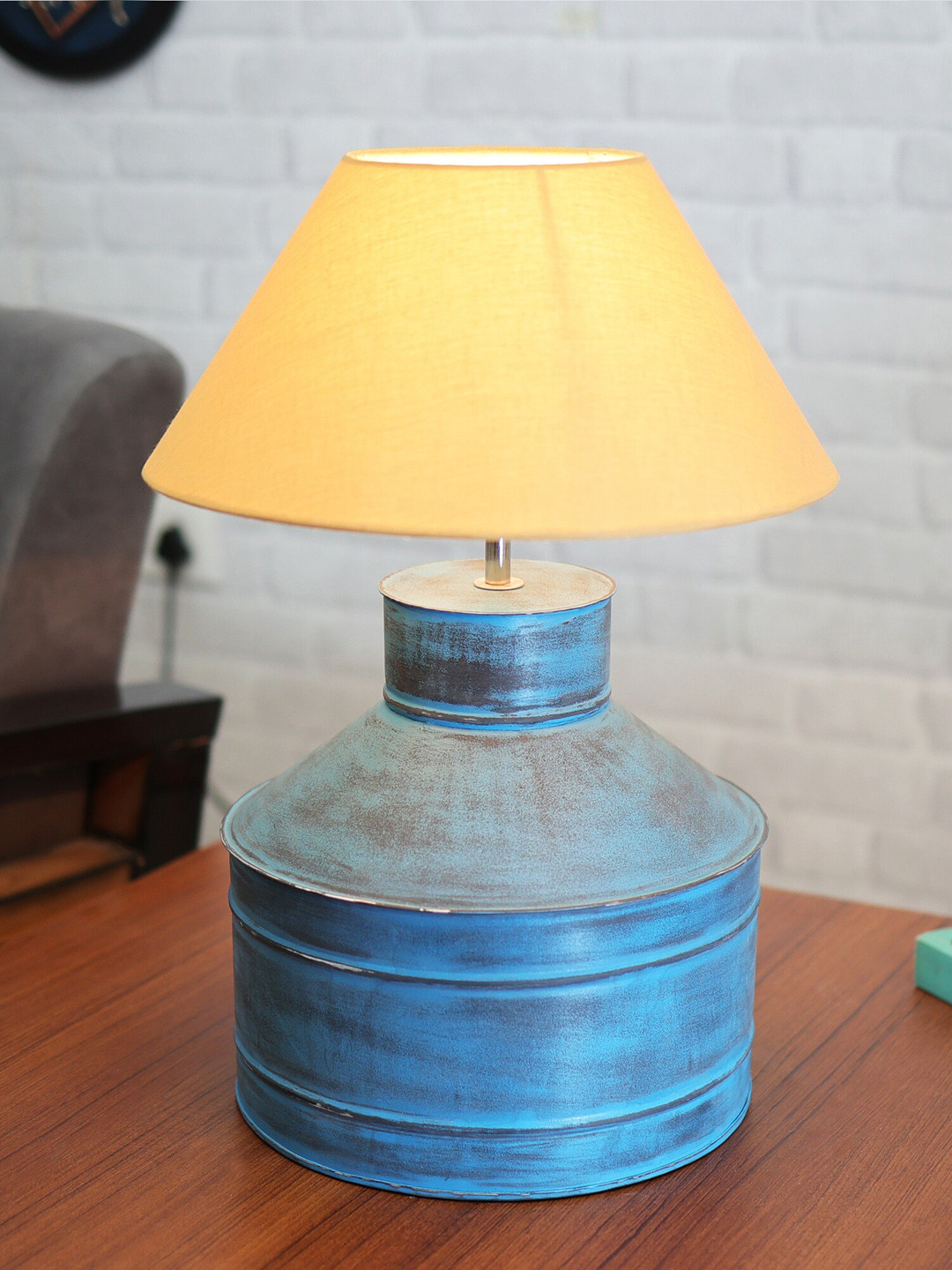 Homesake Rustic Milk Gagar Turquoise Blue Rustic Algae Finish Electric Table Lamp & Shade
