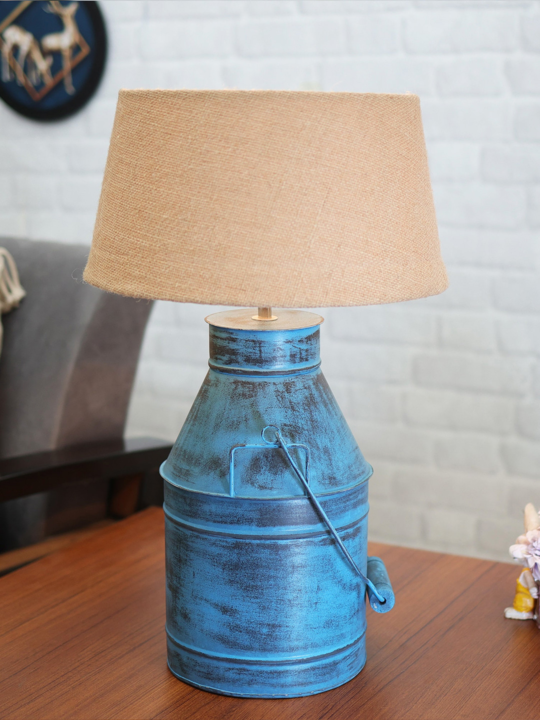 Homesake Rustic Milk Churn Turquoise Blue & Beige Rustic Algae Finish Electric Table Lamp