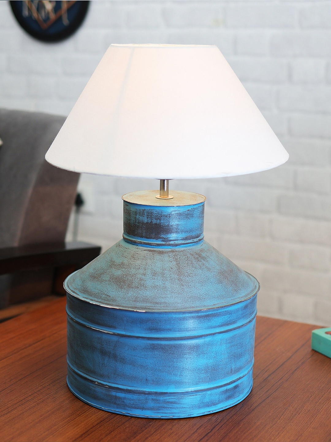 Homesake Rustic Milk Gagar Turquoise Blue Distressed Look Electric Table Lamp with Shade