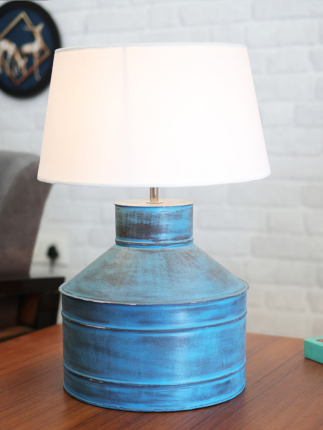 Homesake Rustic Milk Gagar Turquoise Blue & White Metal Electric Table Lamp with Shade