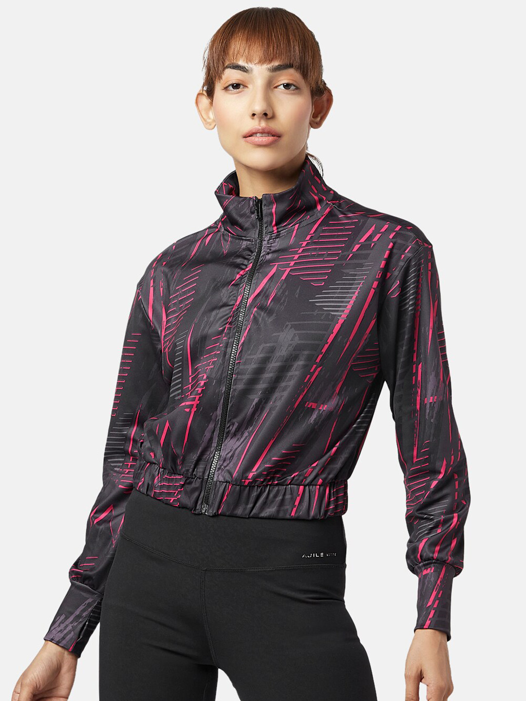 Ajile by Pantaloons Women Black Floral Crop Outdoor Sporty Jacket