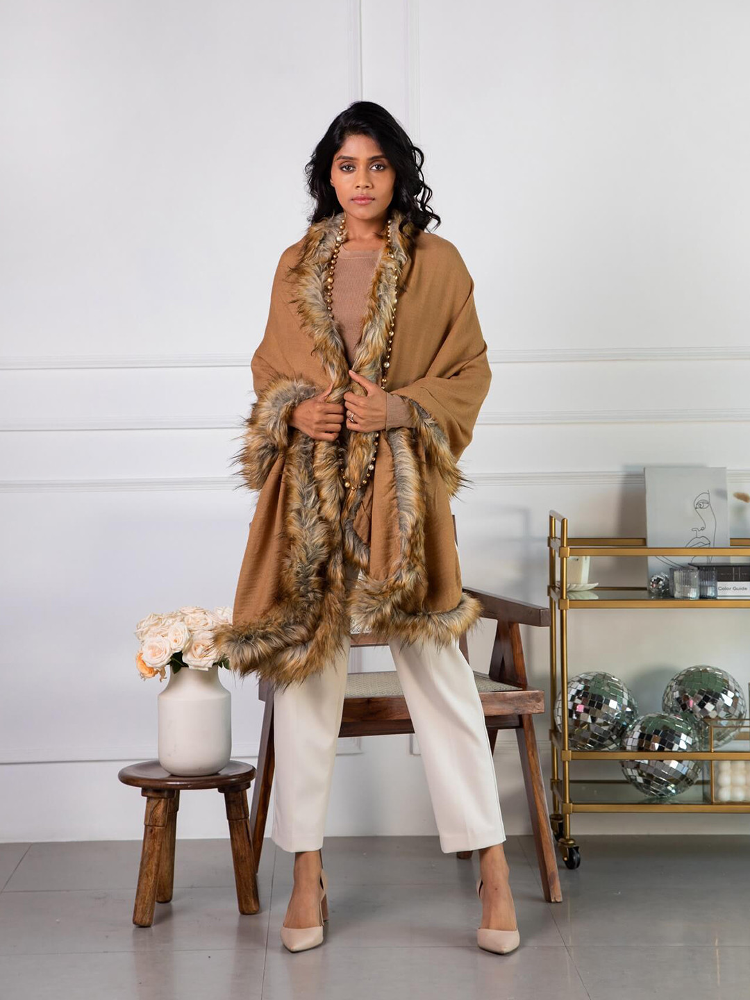 Rhe-Ana Women Faux Fur Ochre Stole