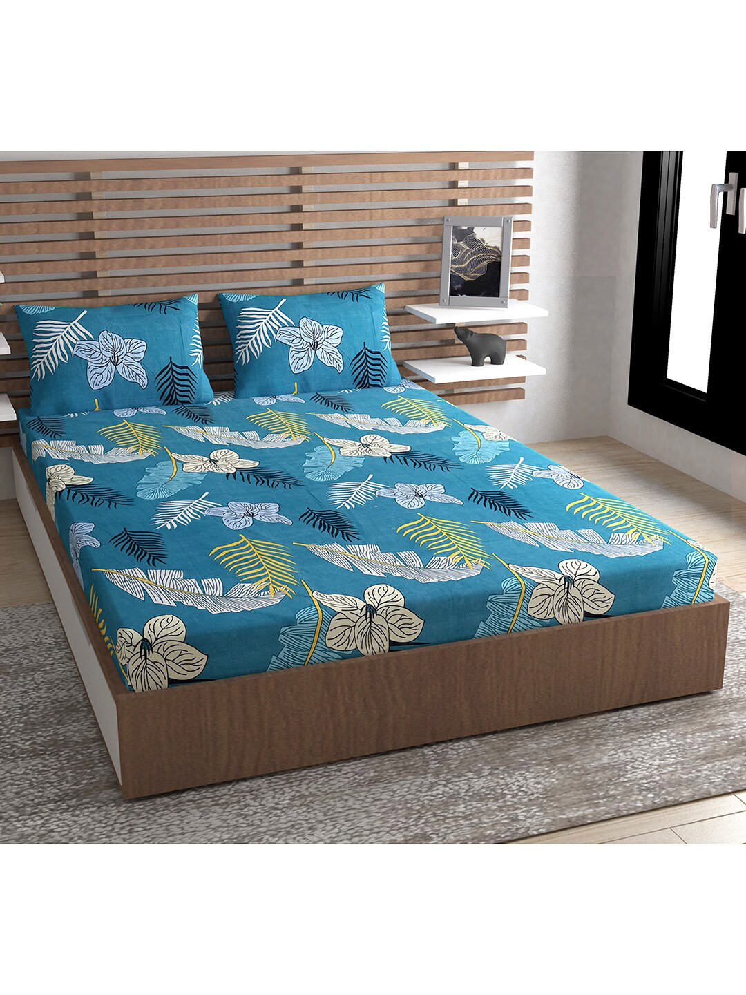 Urban Magic Blue Floral Microfiber 130 TC Queen Bedsheet with 2 Pillow Covers-93 x 83 inches