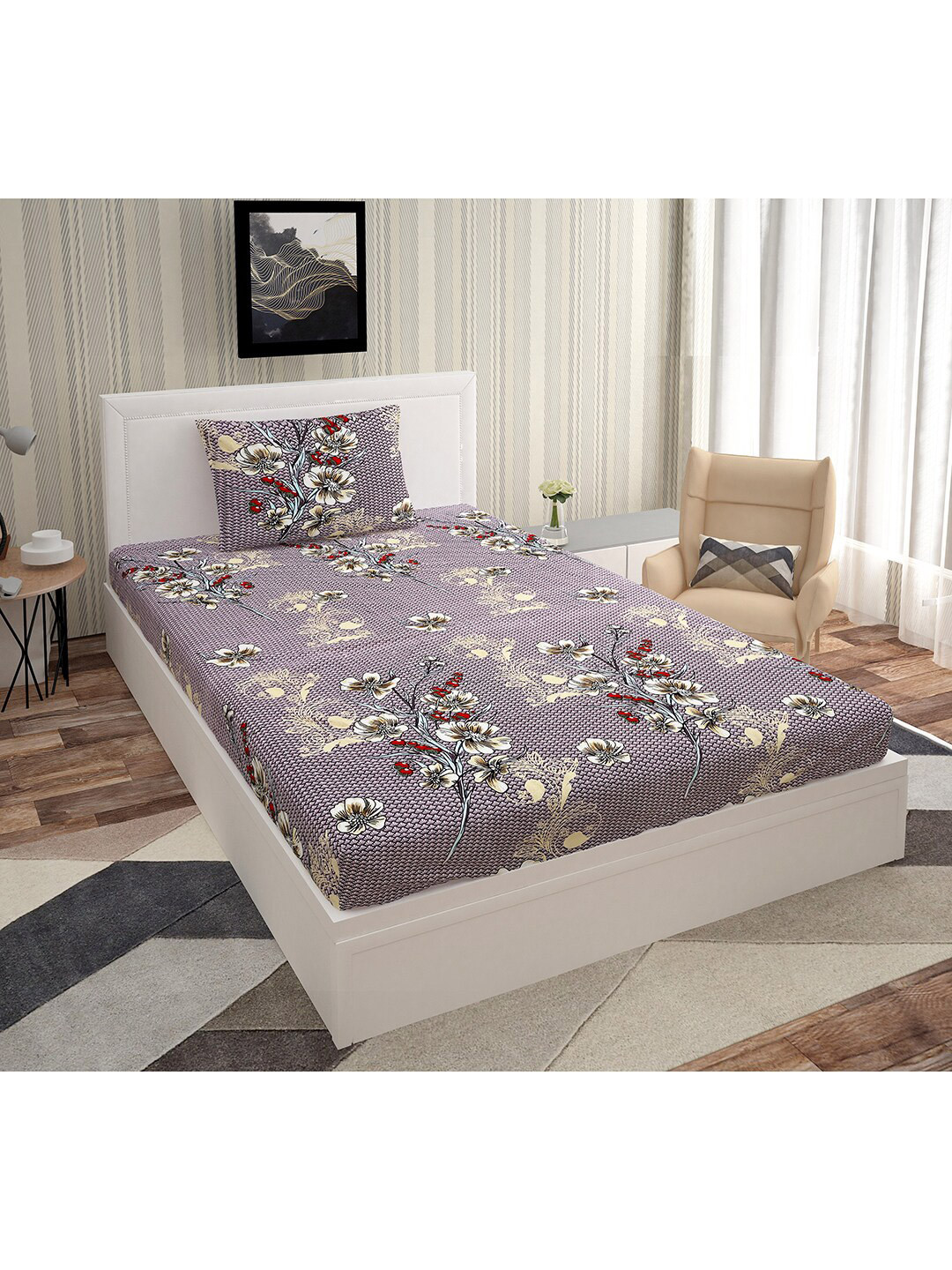 Urban Magic Purple Floral Microfiber Breathable 130 TC Single Bedsheet with a Pillow Cover-217 x 145 cm