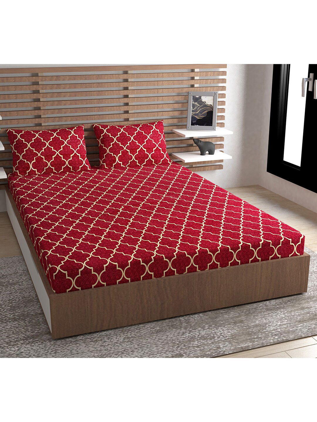 Urban Magic Microgold35 Maroon Geometric Microfiber 130 TC Queen Bedsheet with 2 Pillow Covers-228 x 254 cm