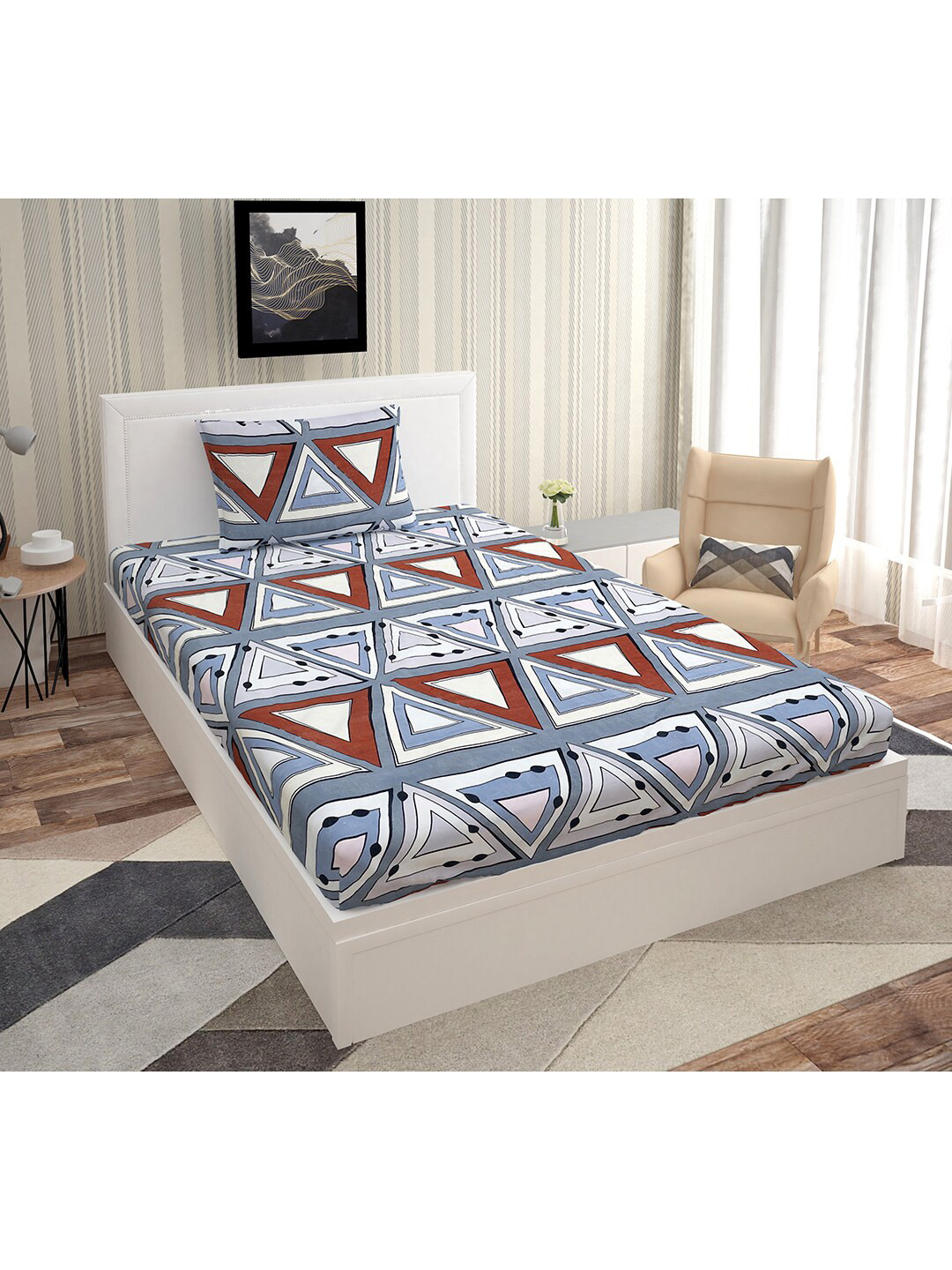 Urban Magic Grey Geometric Microfiber 140 TC Single Bedsheet with a Pillow Cover-85 x 58 inches