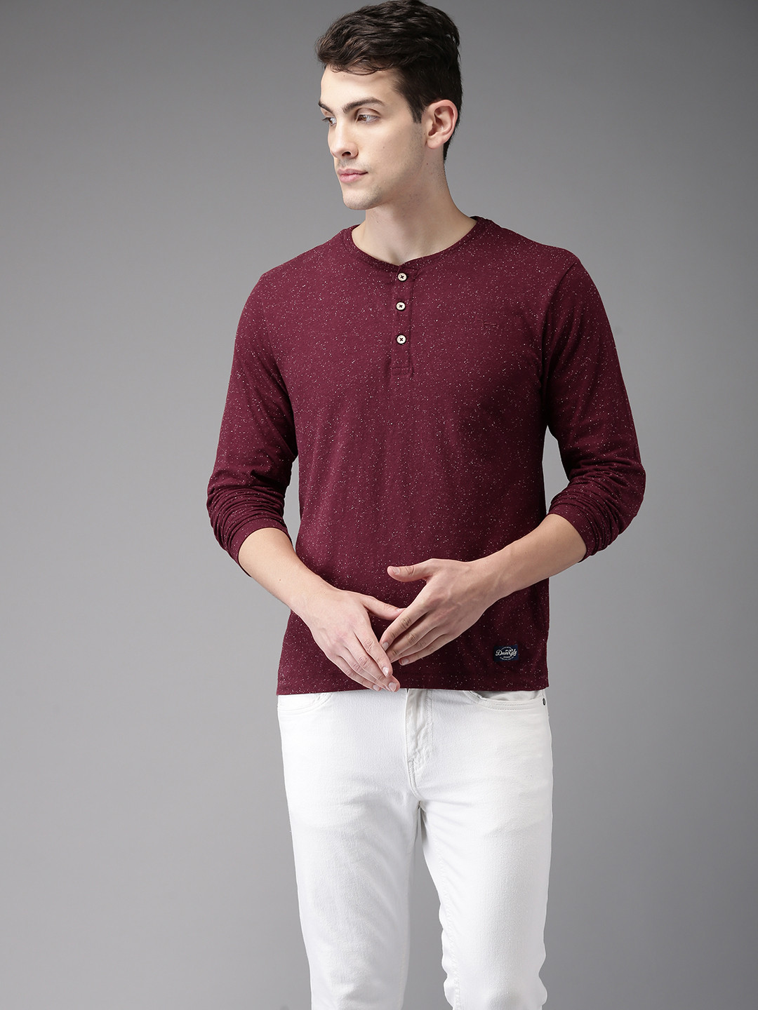 Men Maroon Solid Henley Neck 