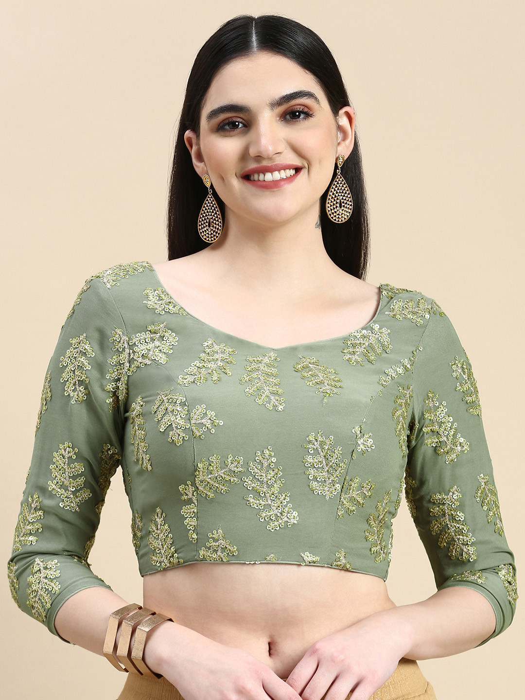 Ethnovog Ready To Wear Grey Sequins Embroidered Chinon Blouse