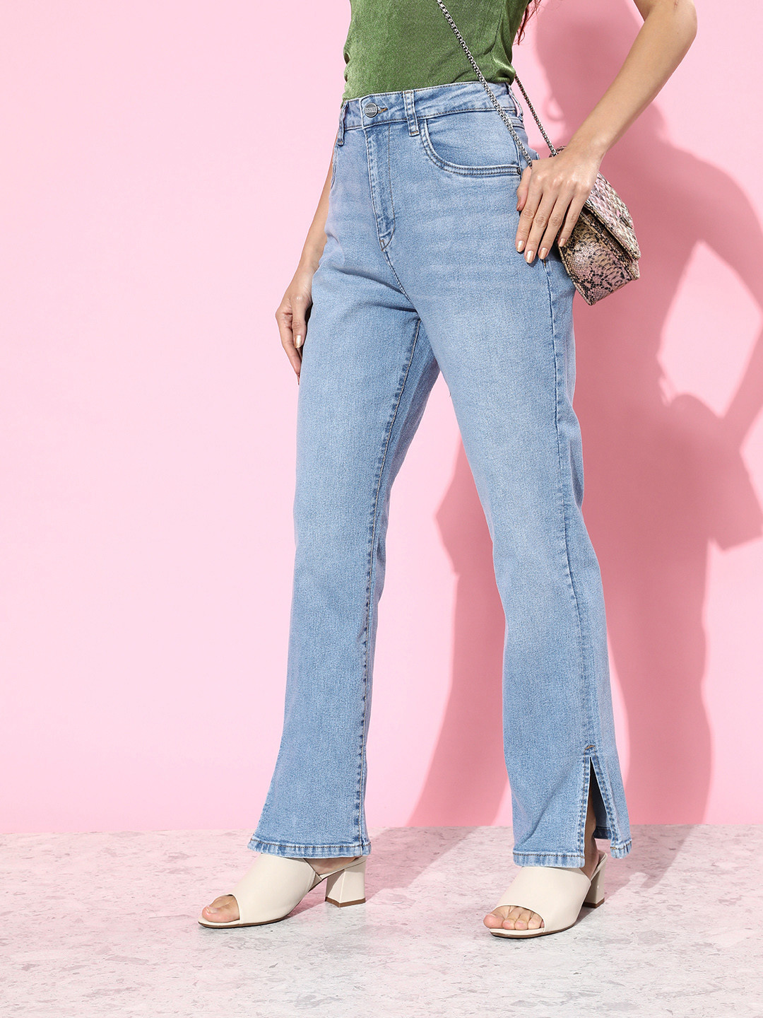 Mast & Harbour Women Beryl Blue Straight Fit Heavy Fade Romance Ramble Slit Jeans