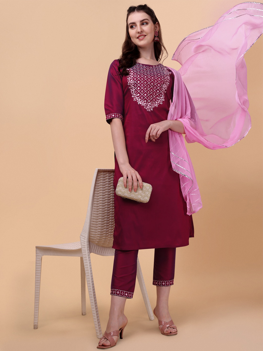 Lookmark Women Floral Embroidered Mirror Work Kurta with Trousers & With Dupatta