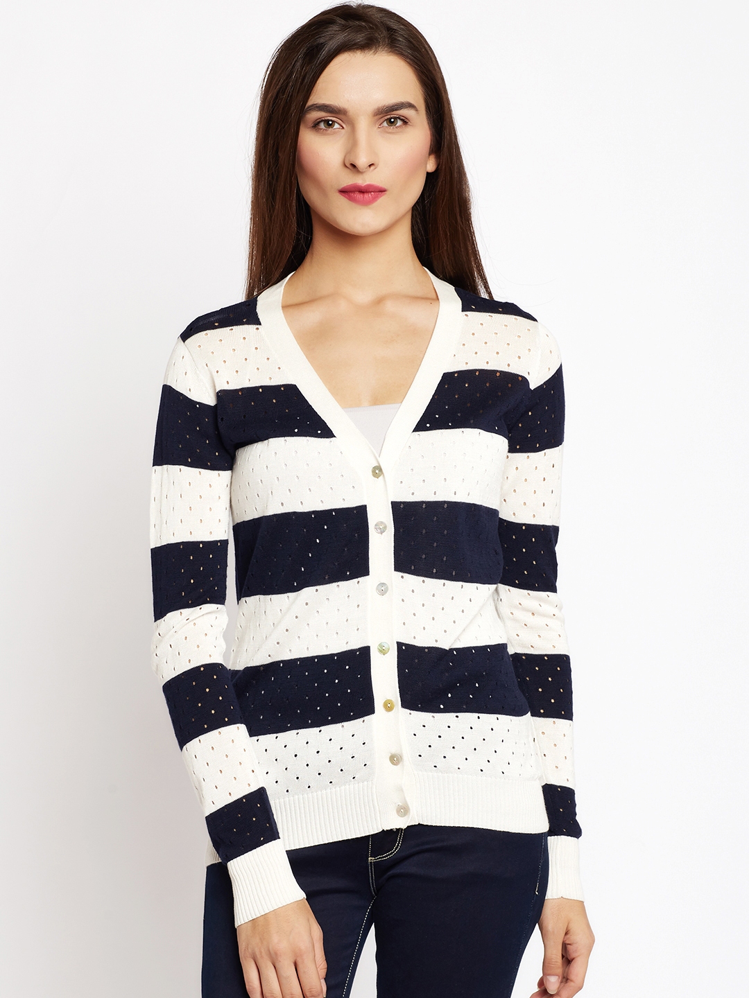 navy and white striped cardigan
