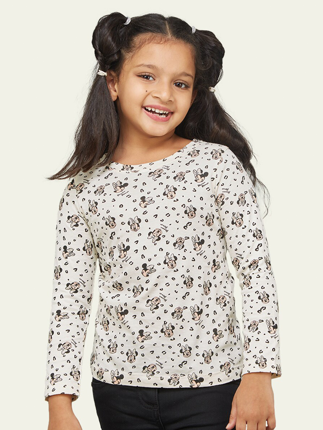 Zalio Girls White Minnie Mouse Printed Drop-Shoulder Sleeves T-shirt