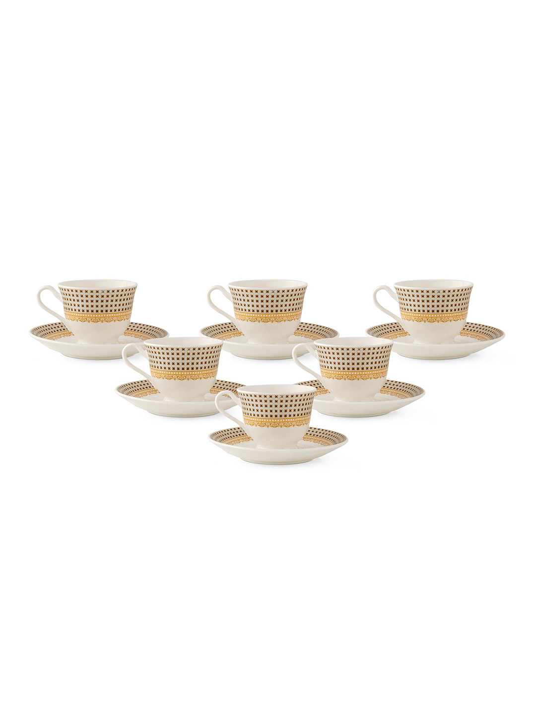 CLAY CRAFT White & Mustard Yellow Set Of 12 Printed Ceramic Glossy Cups and Saucers