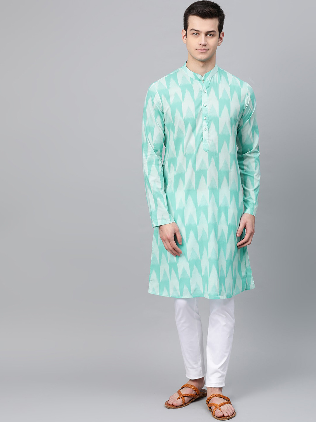 See Designs Mandarin Collar Chevron Block Print Mandarin Collar Cotton Kurta