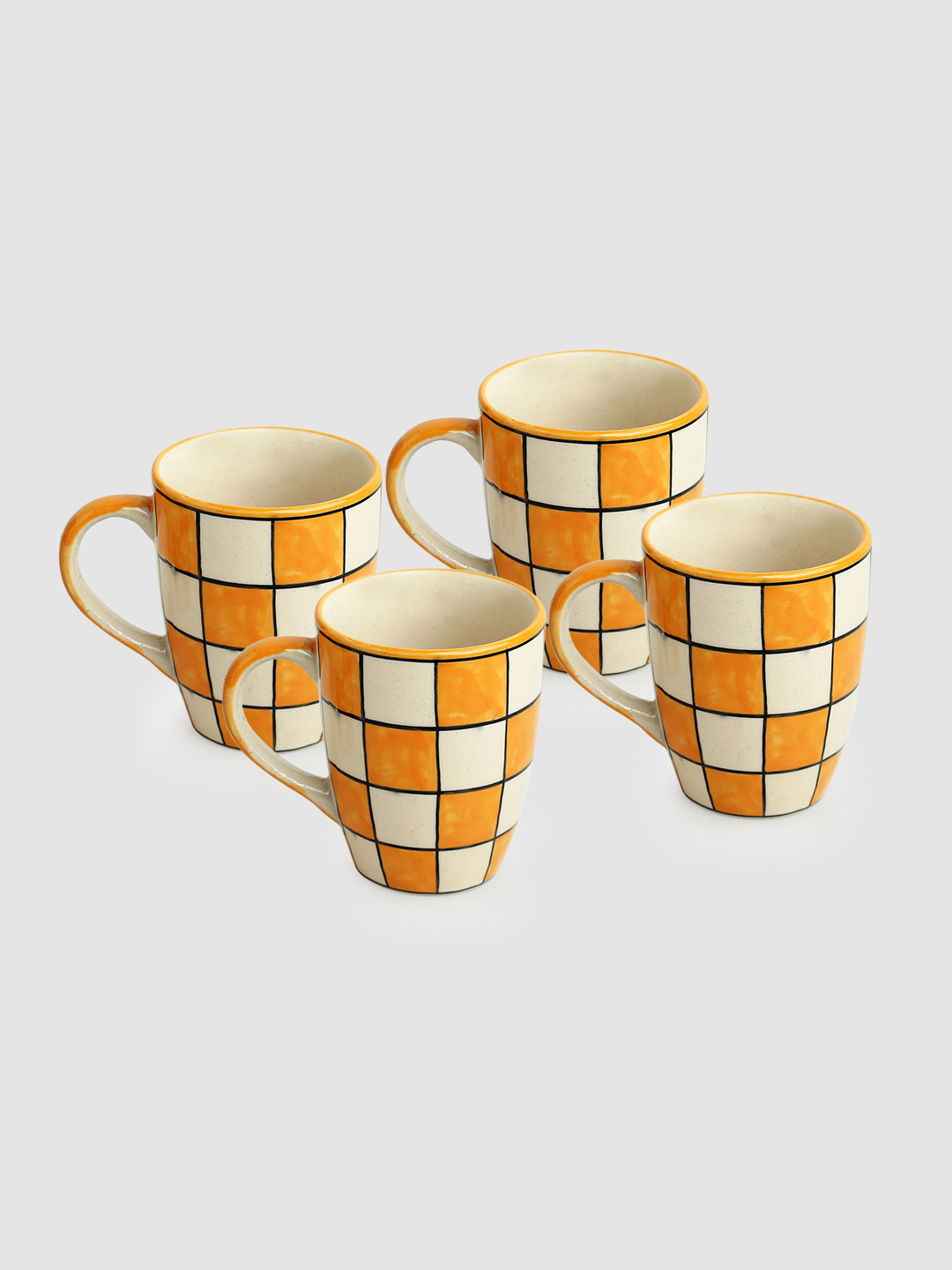 ExclusiveLane Mr And Mrs Couple Yellow Checkered Ceramic Microwave Safe 4 Piece Mugs-260ml