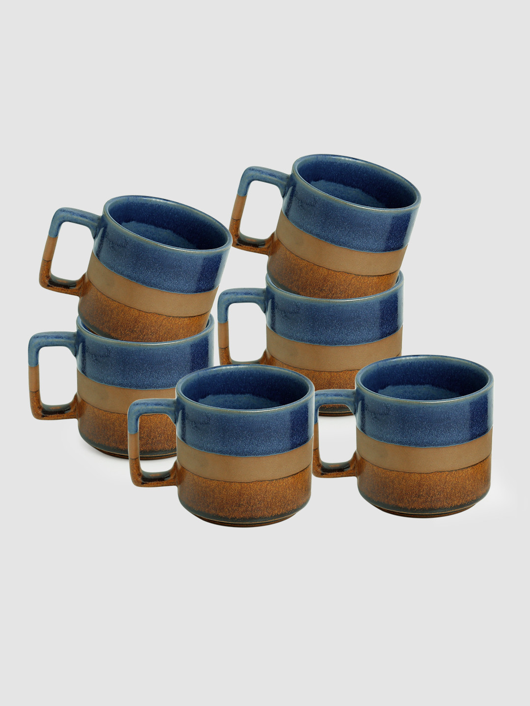 ExclusiveLane Love Will Always Save the Day Blue Striped Ceramic Microwave Safe 6 Piece Mugs-360ml